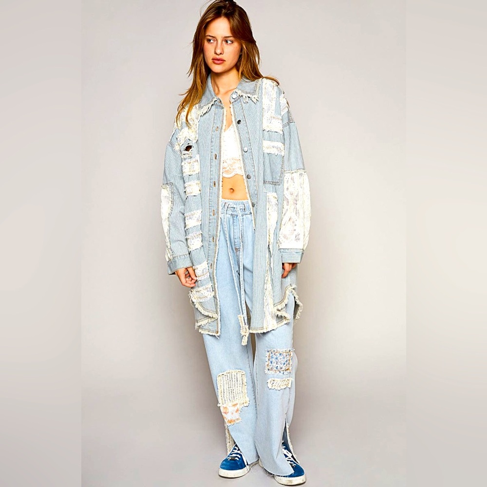 POL Lace & Crochet Patch Relaxed Fit Striped Denim Shacket, Size Medium